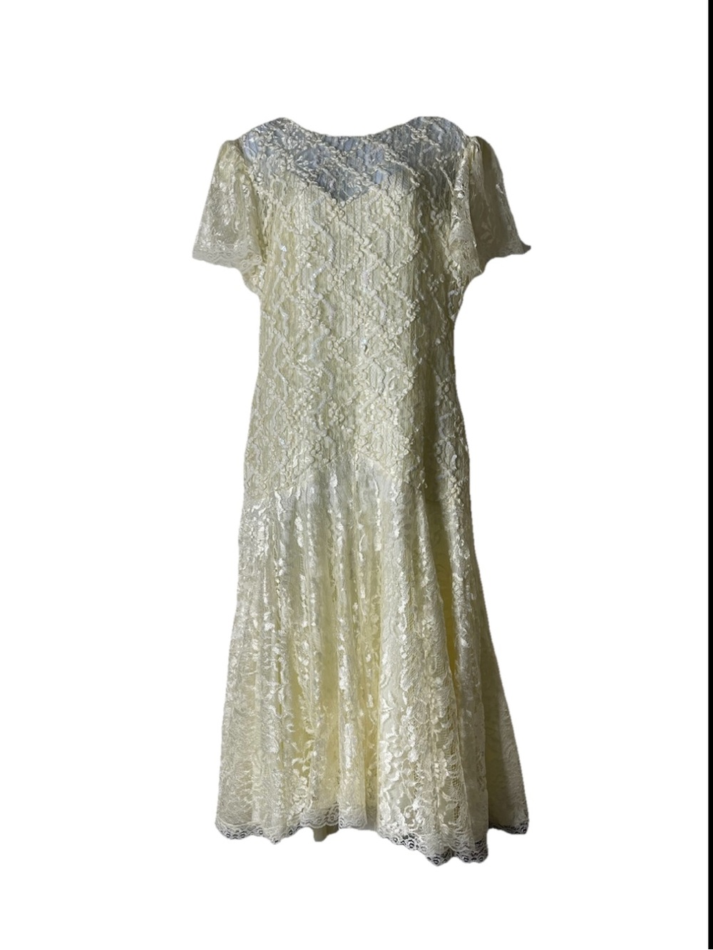 VTG 80s 90s Prom Dress Ivory Shiny Sequin Lace Drop Waist Ball Gown Wedding M-L